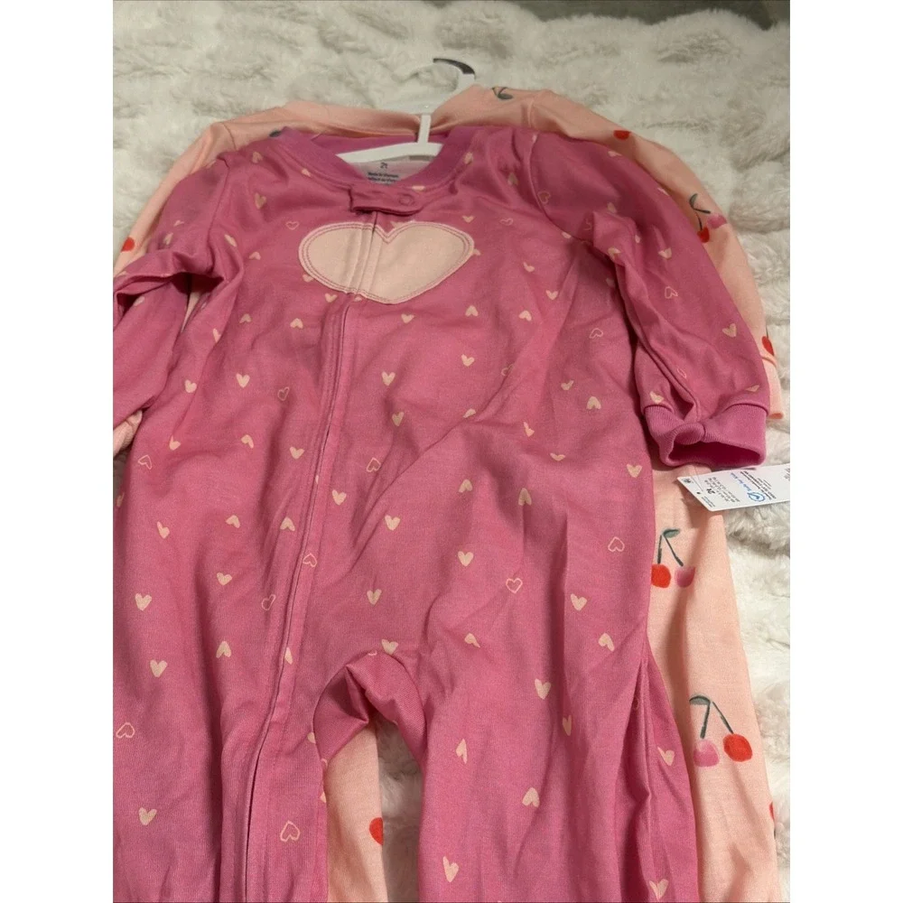 Toddler Girls' Carter's 2-Pack Pink Heart & Cherry Footie Pajamas Size 2T NWT